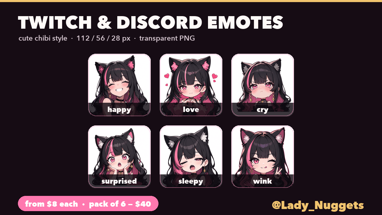 Twitch/Discord emote pack — chibi expressions and badges
